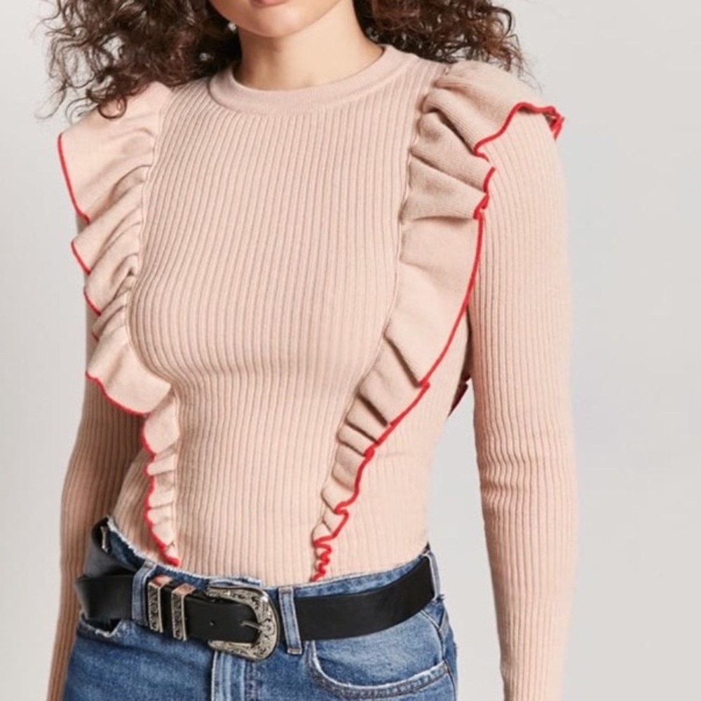 Ribbed Ruffle Crewneck